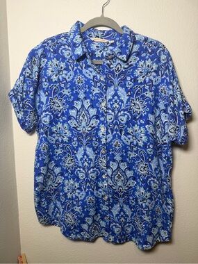Soft Surroundings Blue Floral Paisley Gauzy Cotton Button-Up Shirt Summer Size L